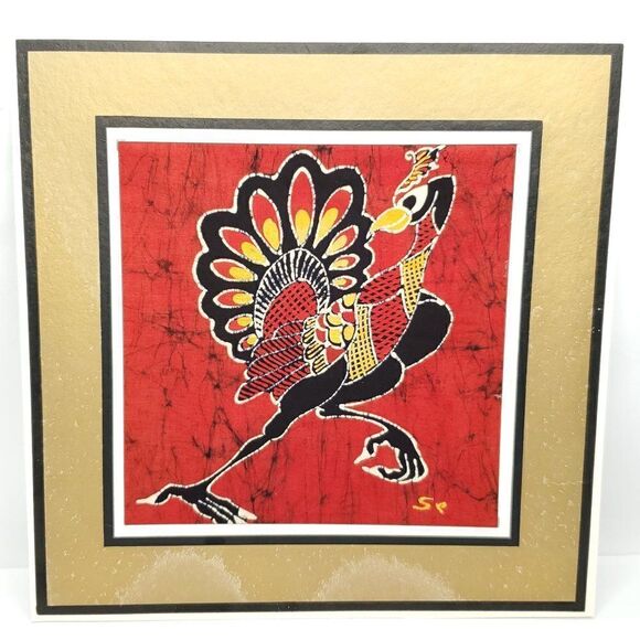 Vtg Indonesia Aswar Batik Collection Bird Peacock Ostrich Wall Decor Red Left FC - Picture 1 of 2